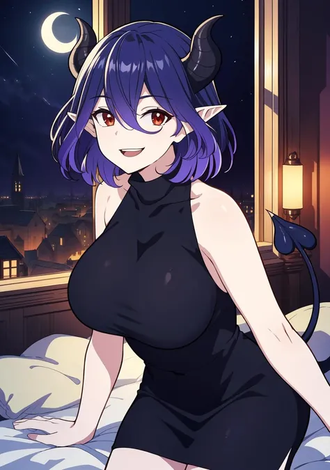 masterpiece, best quality, 1girl, jesterlavorre, blue hair,  purple eyes,(( blue skin)), freckles, colored skin, athletic body, tail, horns, pointy ears,, tiefling, smile, looking at viewer, solo , cleavage, (nude), sitting on bed, legs spread, pussy, enticing eyes, pubic hair, bedroom 