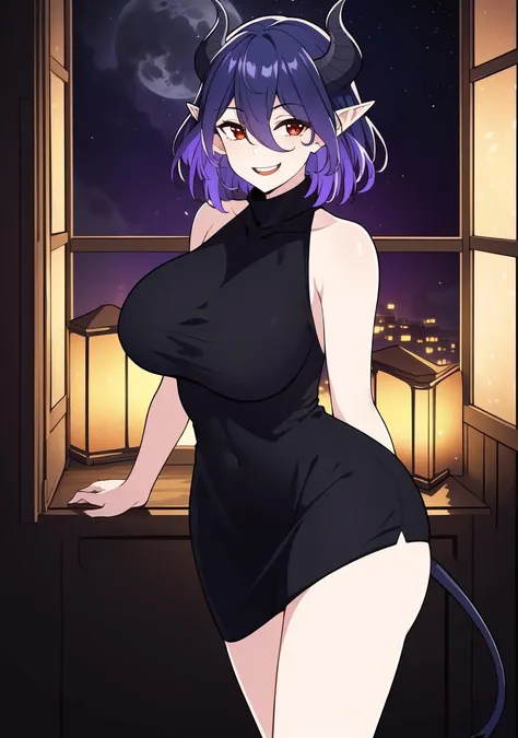(((masterpiece)), (best quality:1.7), (detailed:1.4), (high res:1.4), 8k, (colorful:1.5), high resolution, sharped image, 4k, hd, (beautiful detailed background:1.2), (beautiful lighting:1.2), (highly detailed:1.2), perfect lighting, (8k wallpaper:1.2), (highly detailed:1.2), (extremely detailed CG:1.2), vermeil_ingold, 1girl, solo, red eyes, blue hair, purple hair, hair between eyes, short hair, demon girl, demon tail, thin tail, big breasts, pointy ears, (curvy body), dress, short dress, black dress, sleeveless, sleeveless dress, bare shoulders, turtleneck dress, hair ornament, open mouth, ((evil smile)), (smug),  looking at viewer, sexy, indoors, bed, window, ((night)), moon, sky, night sky, stars, ((town)), <lora:vermeil_ingold:0.6>, <lora:thickerLinesanimeStyle:0.6>