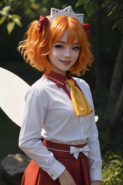 <lora:sunny milk:1>sunny milk, blue eyes, orange hair, two side up, short hair, headdress, red bow, white shirt, yellow ascot, sash, red skirt, fairy wings,
(best quality, masterpiece, RAW photo,ultra-detailed:1.2), <lyco:GoodHands-beta2:1.0>,1girl,solo,looking at viewer,smile