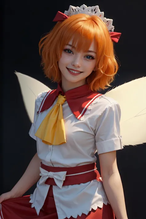 <lora:sunny milk:1>sunny milk, blue eyes, orange hair, two side up, short hair, headdress, red bow, white shirt, yellow ascot, sash, red skirt, fairy wings, head tilt, mini skirt,
(best quality, masterpiece, RAW photo,ultra-detailed:1.2), <lyco:GoodHands-beta2:1.0>,1girl,solo,looking at viewer,smile