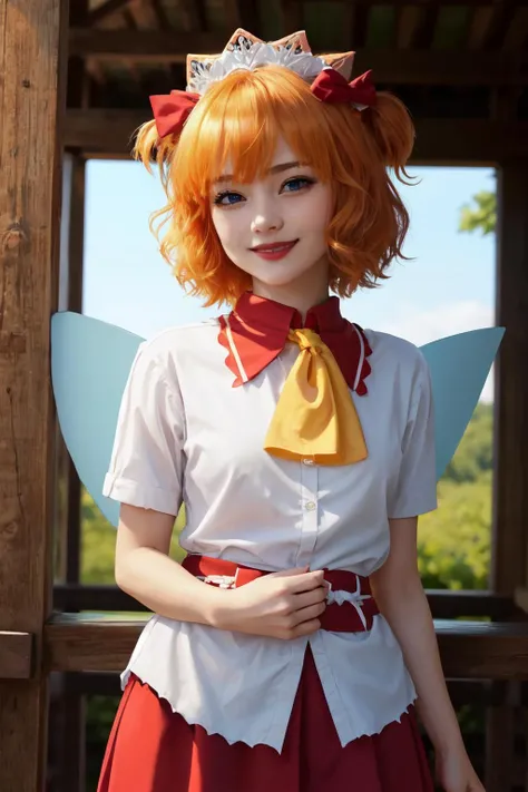 <lora:sunny milk:1>sunny milk, blue eyes, orange hair, two side up, short hair, headdress, red bow, white shirt, yellow ascot, sash, red skirt, fairy wings, head tilt, mini skirt,
(best quality, masterpiece, RAW photo,ultra-detailed:1.2), <lyco:GoodHands-beta2:1.0>,1girl,solo,looking at viewer,smile
