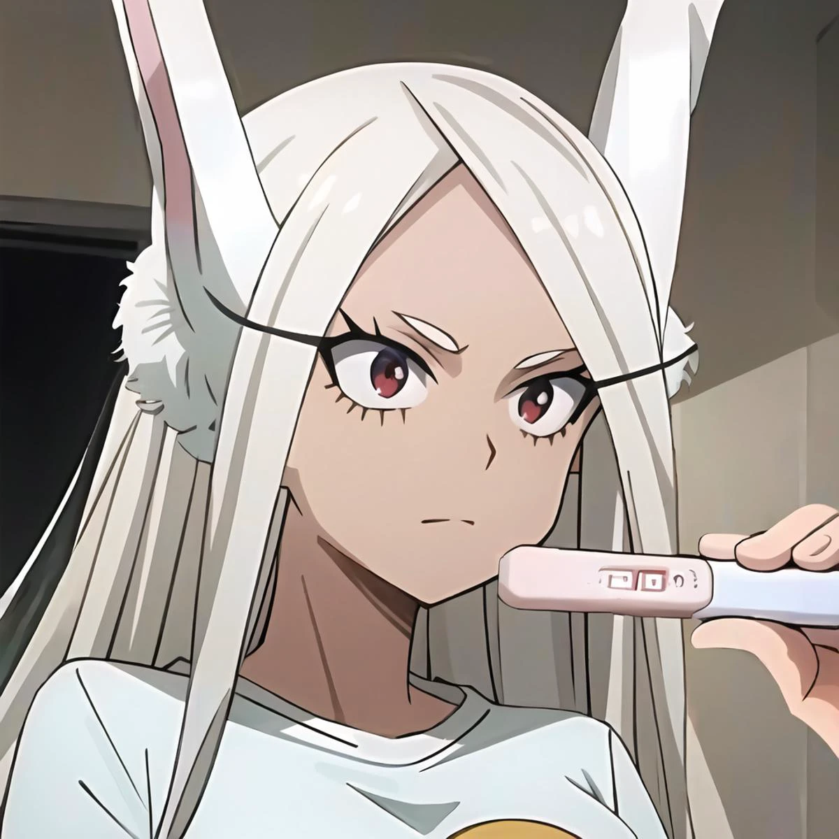 scan, (extremely detailed CG unity 8k wallpaper:1.1), highres, ambient light, (1girl), pregnancy test, portrait, <lora:pregnancyTestMeme_v11:0.8>, mirkomha, boku no hero academia, <lora:mirkoMyHeroAcademia_v10:1>, navel, rabbit ears, ((dark skin:1.5)), red eyes, (white hair, long hair), large breasts, (pink tshirt)