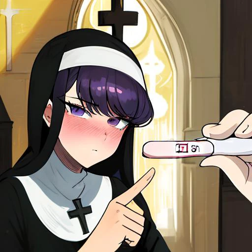 highres, absurdres, masterpiece, solo, portrait, close-up, ((komi shouko)), (holding pregnancy test), dead eyes, perfect hands, (pointing at object), facing viewer, ((1girl)), (nun), (habit:1.2), swept bangs, expressionless, long hair, (purple eyes), (purple hair), (komi-san wa komyushou desu), looking at viewer, (blush:1.2), church background, ((cross)), rosary, <lora:littleNuns_v1:0.5> <lora:pregnancyTestMeme_v11:0.85> <lora:komiShoukoLora_v1:0.8>