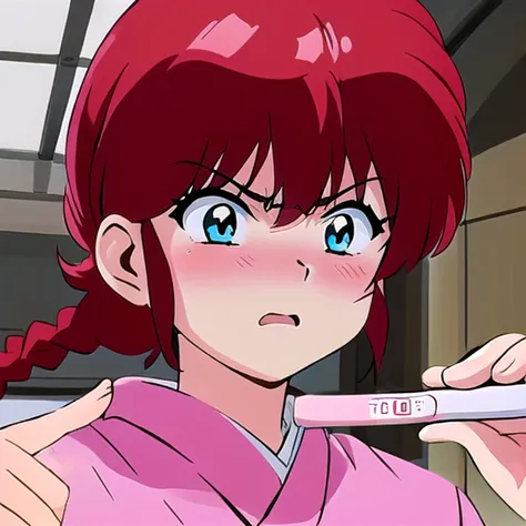 looking at viewer, (pregnancy test:1.1), (holding:1.25), pov, portrait, ((masterpiece, best quality)), soft light ,(film grain, Fujifilm XT3), ((full body)), (1girl),(mature female:1.4), mizu , red hair, single braid, <lora:ranmaRanma12Lora_11:0.8> blushing, shocked , angry, screaming, short yukata, obi, sash, <lora:kimonoClothes_v10:0.6> <lora:pregnancyTestMeme_v11:1> <lora:crazyExpressions_crazyExpressions:0.6>