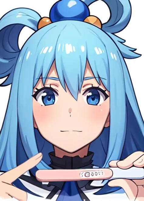 masterpiece, best quality, ultra-detailed, highres, <lora:implied_pregnancy:1> portrait, (pregnancy test:1.2), portrait, pov, looking at viewer, <lora:Aqua:1> 1girl, long hair, blue hair, hair rings, blue eyes, detached sleeves, hair ornament, solo, breasts