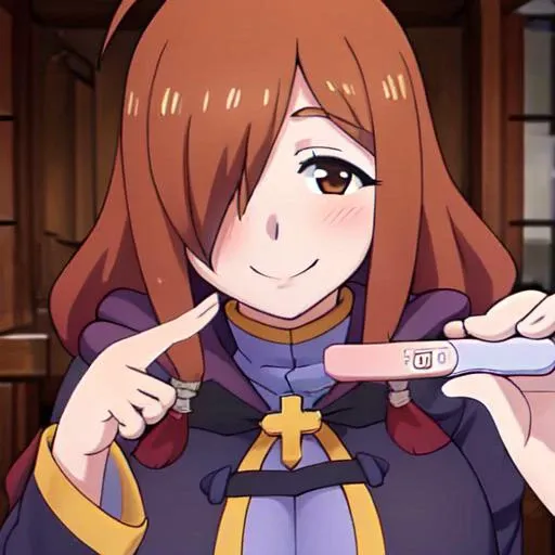 masterpiece, best quality, ultra-detailed, highres, <lora:implied_pregnancy:1> portrait, (pregnancy test:1.2), portrait, pov, looking at viewer,  <lora:WizKonosubaLora:0.7> wizkonosuba, 1girl, long hair, brown hair, ahoge, large breasts, hair over one eye, robe, solo, long sleeves, brown eyes, cross, big breasts, (smile:0.8), store