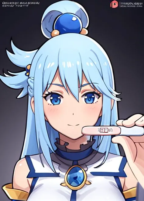 masterpiece, best quality, ultra-detailed, highres, <lora:implied_pregnancy:1> portrait, (pregnancy test:1.2), portrait, pov, looking at viewer, <lora:Aqua:1> 1girl, long hair, blue hair, hair rings, blue eyes, detached sleeves, hair ornament, solo, breasts
