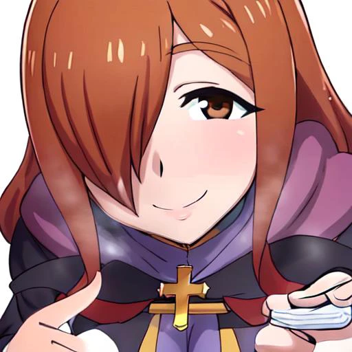 masterpiece, best quality, ultra-detailed, highres, <lora:implied_pregnancy:1> portrait, (pregnancy test:1.2), portrait, pov, looking at viewer, <lora:WizKonosubaLora:0.8> wizkonosuba, 1girl, long hair, brown hair, ahoge, large breasts, hair over one eye, robe, solo, long sleeves, brown eyes, cross, big breasts, mouth, (smile:0.8)