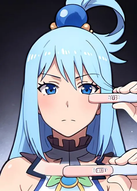 masterpiece, best quality, ultra-detailed, highres, <lora:implied_pregnancy:1> portrait, (pregnancy test:1.2), portrait, pov, looking at viewer, <lora:Aqua:1> 1girl, long hair, blue hair, hair rings, blue eyes, detached sleeves, hair ornament, solo, breasts