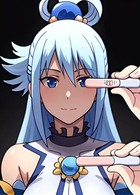 masterpiece, best quality, ultra-detailed, highres, <lora:implied_pregnancy:1> portrait, (pregnancy test:1.2), portrait, pov, looking at viewer, <lora:Aqua:1> 1girl, long hair, blue hair, hair rings, blue eyes, detached sleeves, hair ornament, solo, breasts