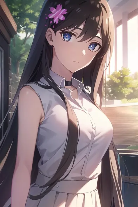 best quality, masterpiece, 1girl, girl focus, solo, arms behind back, looking at viewer, black hair, rolling eyes, cleavage, smile, facing viewer, sky, cloud,brush, benkei, sunset <lora:Eyes1 to 0.4 benkei:1>