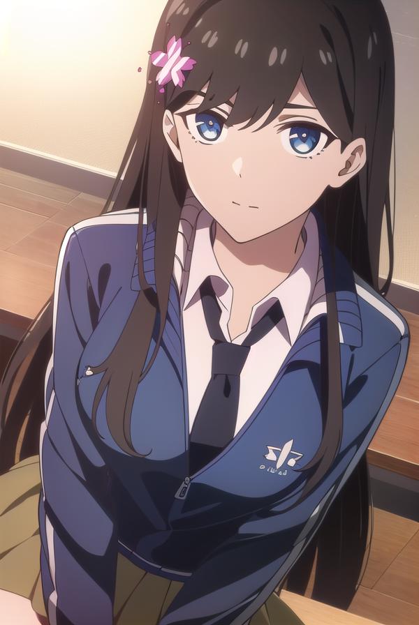 Anime girl with long black hair wearing a blue shirt and tie - SeaArt AI