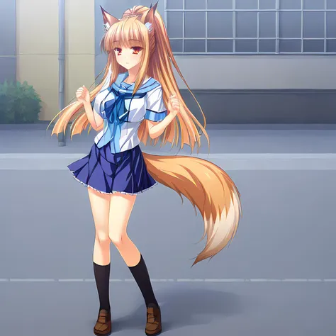 1girl, solo, standing, full body, hands raised, 
street, outdoor, 
 <lora:MiyamaKonXLpony:0.7> Miyama_Kon, 
blonde, amber eyes,
ponytail, long hair, large breasts, 
serafuku, skirt, black socks, shoes, 
fox ears, fox tail,