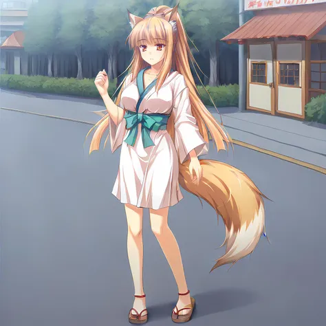 1girl, solo, standing, full body, 
street, outdoor,
<lora:MiyamaKonXLpony:0.7> Miyama_Kon,
blonde, amber eyes,
ponytail, long hair, large breasts,
kimono, sandals,
fox ears, fox tail,