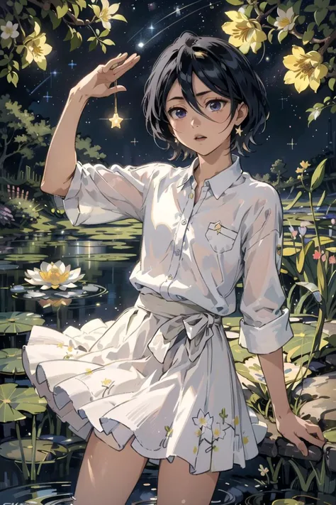 masterpiece,best quality,solo,kuchikirukia,tarot card,starry night,lily pond,blooming flowers,the star,cowboy shot,amazed,white skirt,blue shirt top,<lora:Tarotv0.2:0.5>,<lora:rukia-nvwls-v1:1>,<lora:ClothesInMouth:1>,