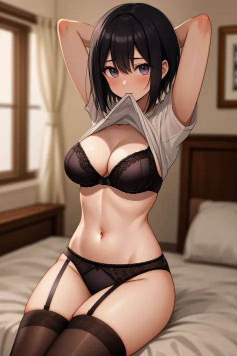 masterpiece, best quality, 2d, clip studio paint, 1girl, (mature female:0.4), (pale skin:0.9), red eyes, black hair, (wavy hair:0.1), messy hair, short hair, hair between eyes, mullet, breasts, shirt lift, underboon, nipples, bikini panties, armpits, kneeling, hotel rooms, night