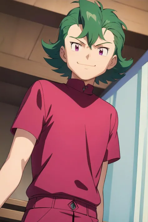 best quality,masterpiece,pokemovies, 1boy,male focus,solo, yellow-green hair, very short hair , maroon Short Pullover , smile,pink eyes, upper body shot,closet , white Cropped pants  <lora:pokemovies_v1:1>