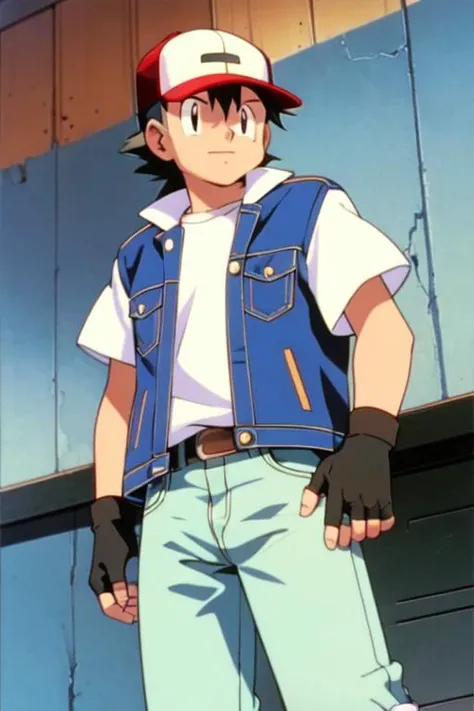 best quality,masterpiece,pokemovies, 1boy, solo,baseball cap, blue jacket,open jacket, jeans, white shirt, fingerless gloves, cowboy shot,black hair, black eyes <lora:pokemovies_v1:1>