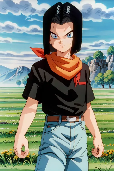 (8k, best quality, masterpiece:1.2),pokemovies,blue sky,rocky grassfields,1boy,android 17, (black shirt), orange bandana, jeans,brown belt,layered shirt,white sleeves,black hair, blue eyes, parted hair,red patch, short hair,upper body, evil smile, looking at viewer <lora:pokemovies_v1:1>  <lora:android17_v0_4_dadap:0.8>