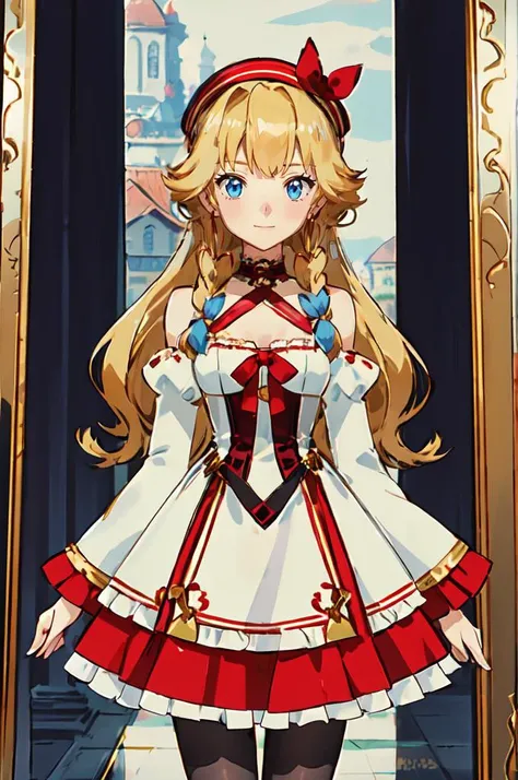 masterpiece, best quality,
solo,
cowboy shot,
facing viewer,
soft smile, light smile,
1girl, blue eyes, long blonde hair, french braid, bangs, medium breasts, long hair, blonde hair,
hair ribbon, frilled choker, criss-cross halter, sleeveless dress, high-waist skirt, backless dress, waist bow, detached sleeves, frilled sleeves, wide sleeves, pantyhose, patterned legwear, mary janes, <lora:pokemovies_v0_4_06wd_dadap:1> pokemovies,