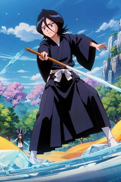 <lora:Rukia:0.9> , rukia, black hair, short hair, purple eyes, soul society, black kimono, black ShihakushÅ, holding katana, ice crystals, battle stance, swirling ice particles in the air, Sode no Shirayuki, zanpaktou, trees in the background, blue sky, ice crystal reflections, battlefield
<lora:pokemovies_v0_4_06wd_dadap:0.8> pokemovies