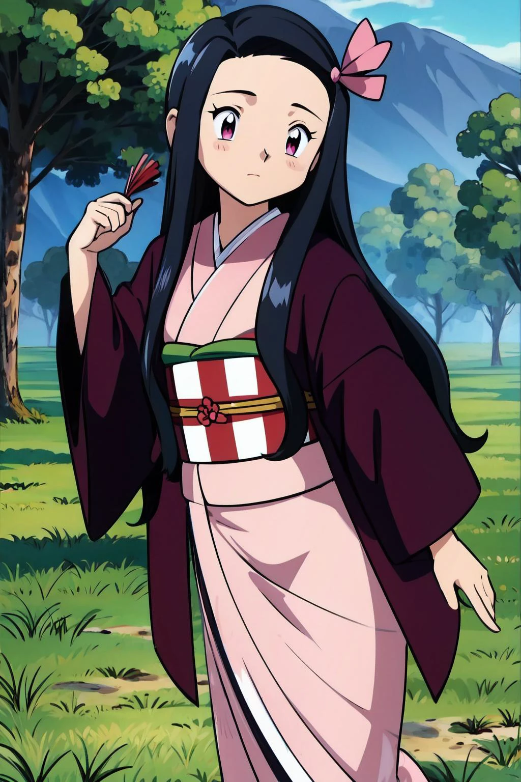 (8k, best quality, masterpiece:1.2),pokemovies, (finely detailed), (cowboy shot, ), kamado nezuko, <lora:nezukoDemonSlayerKimetsu_offset:0.8> , 1girl,solo, namek,green sky,(nature), hill, pink eyes, black hair, long hair,gradient hair, hair ribbon, haori, japanese clothes, pink kimono,print clothes, black jacket, long hair,tree,grass,teenage <lora:pokemovies_v1:1>