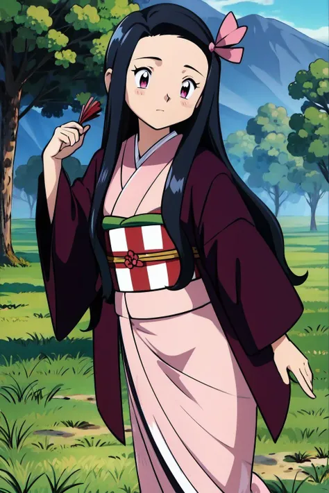 (8k, best quality, masterpiece:1.2),pokemovies, (finely detailed), (cowboy shot, ), kamado nezuko, <lora:nezukoDemonSlayerKimetsu_offset:0.8> , 1girl,solo, namek,green sky,(nature), hill, pink eyes, black hair, long hair,gradient hair, hair ribbon, haori, japanese clothes, pink kimono,print clothes, black jacket, long hair,tree,grass,teenage <lora:pokemovies_v1:1>