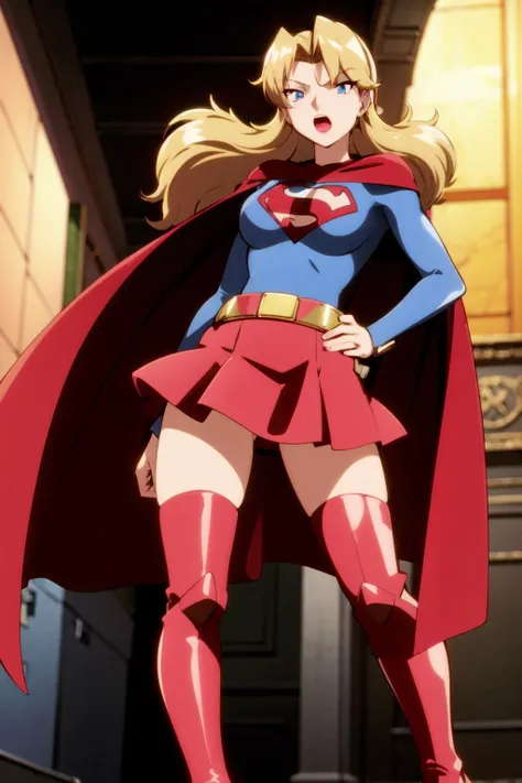 best quality, masterpiece,pokemovies, supergirl,1girl, solo, cape, red skirt, blonde hair, thighhighs, superhero, boots, blue eyes, long hair, thigh boots, hand on hip, makeup, red footwear, lipstick, open mouth,big eyes,arm at side <lora:pokemovies_v1:1>