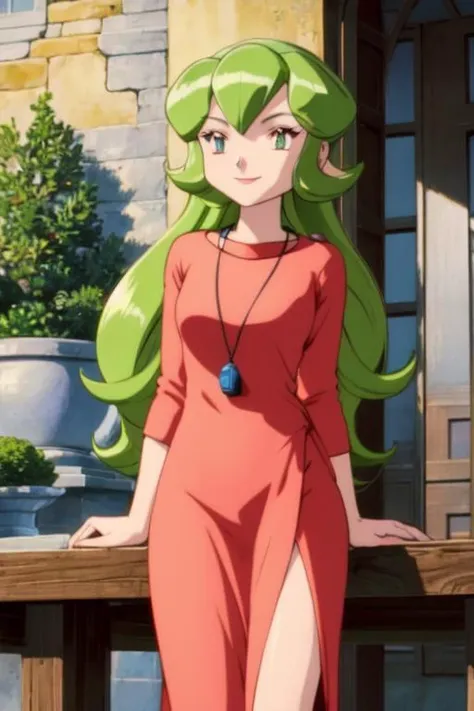 best quality,masterpiece,pokemovies, 1girl, solo, chartreuse hair, absurdly long hair , red Short Pullover , smile,peach eyes, very wide shot,pagoda , white Sarong , Ralph Necklace <lora:pokemovies_v0_4_06wd_dadap:1>