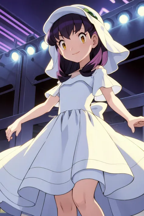 best quality,masterpiece,pokemovies, 1girl, solo, violet hair, big hair , ivory Short Sleeve , smile,lemon eyes, cowboy shot,megastructure , white Ultra long skirt , Earstud  <lora:pokemovies_v0_4_06wd_dadap:1>