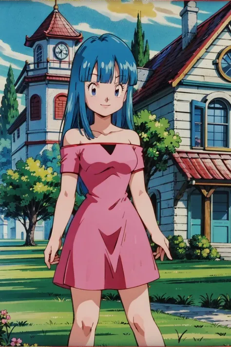 (8k, best quality, masterpiece:1.2),pokemovies,grass, tree,cloud,solo,1girl,maron,(red short dress), bare shoulder,(blue eyes,aqua hair,blunt bangs),off shoulder,standing, light smile,looking at viewer,(arms at sides), medium breasts,(pink house), short sleeves,long hair <lora:maron_v0_5_dadap:1> <lora:pokemovies_v1:1>