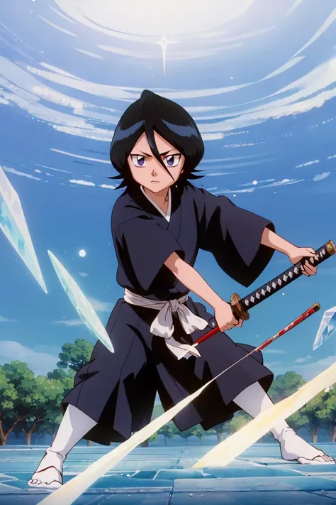 <lora:Rukia:0.9> , rukia, black hair, short hair, purple eyes, soul society, black kimono, black ShihakushÅ, holding katana, ice crystals, battle stance, swirling ice particles in the air, Sode no Shirayuki, zanpaktou, trees in the background, blue sky, ice crystal reflections, battlefield
<lora:pokemovies_v0_4_06wd_dadap:0.8> pokemovies