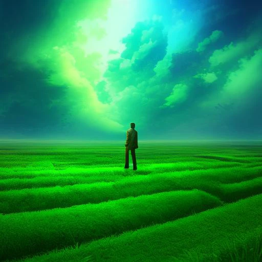 a man standing on a top of lush field