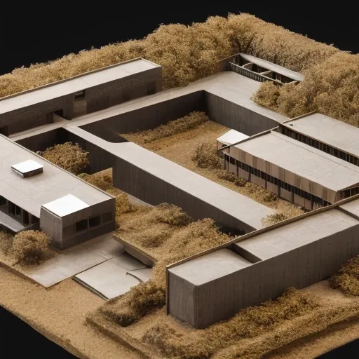 Tadao Ando architectural style, architecture, handmade model style, scenery, 4k, top rendering, city, black background, depth of field
