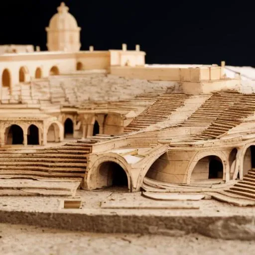 Ancient Roman architecture, handmade model style, detail close-up, 4k, scenery, black background, depth of field, Lombard light