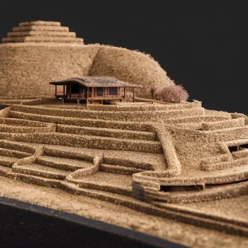 Japanese ancient architecture, rural, handmade model style, detail close-up, 4k, scenery, competition, landscape, black background, depth of field