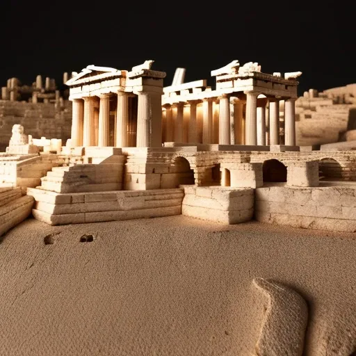 ancient greek acropolis architecture,  parapets, cliff walls, handmade model style, detail close-up, 4k, scenery, competition, landscape, black background, depth of field lora:yurokisModel_architecturalHandModel:1