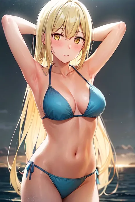 masterpiece, best quality, 1girl, looking at viewer, cute, bikini, (seascape), medium breasts, yellow eyes, <lora:Aiz:1>, aiz wallenstein, yellow hair, long hair, beautiful detailed eyes, beautiful detailed glow, lots of glow, arms behind head, embarrassed, (cowboy shot:1.4),