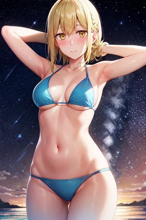 masterpiece, best quality, 1girl, looking at viewer, cute, bikini, seascape, medium breasts, yellow eyes,  <lora:Aiz:1>, aiz wallenstein,  yellow hair, beautiful detailed eyes, beautiful detailed glow, lots of glow, arms behind head, embarrassed, (cowboy shot:1.4),