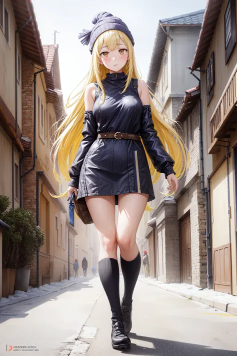 1girl, aiz wallenstein, yellow hair, long hair, yellow eyes, Posing as if surprised by an imaginary friend , Heavenly female, Tall body, purple eyes, areola slip, massive mammaries breast, untied, bobble hat , Capris , wide sleeves, Wrap, kneehighs, Thigh Wrap, Oxford Shoes, Row House , disgust, confident, (colorful, vivid color:1.4), breathtaking, intricate details, absurdres, highres, ultra detailed, highest quality, amazing details, <lora:add_detail:0.5> <lora:MyBreastHelperReduced:0.4> <lora:GoodHands-beta2:1> <lora:Aiz:1>
