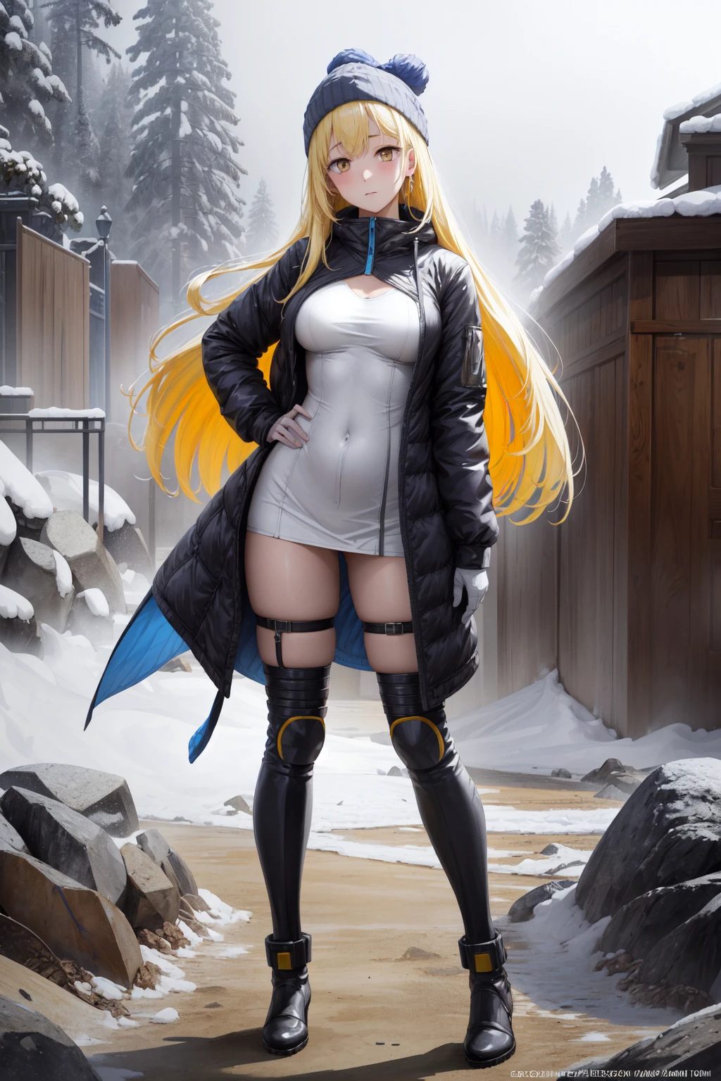 1girl, aiz wallenstein, yellow hair, long hair, yellow eyes, hands on hips , Charming female, Curvy body, purple eyes, areola slip, small breasts breast, unzipping, beanie , Tunic Top , ring, Wrap, tube socks, Ankle Cuff, Kitten Heel Shoes, outdoors, nature , naughty face, crazy, (colorful, vivid color:1.4), breathtaking, intricate details, absurdres, highres, ultra detailed, highest quality, amazing details, <lora:add_detail:0.5> <lora:MyBreastHelperReduced:0.4> <lora:GoodHands-beta2:1> <lora:Aiz:1>