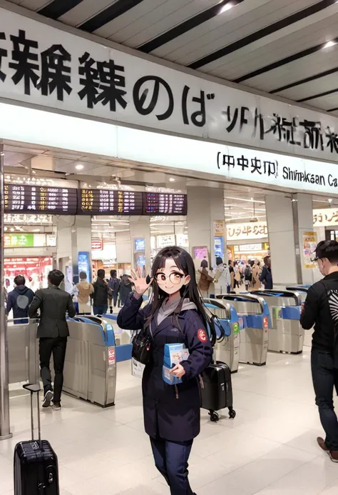 masterpiece, best quality, very aesthetic, absurdres,
1girl, solo, glasses, black hair, long hair, hoodie, pants, rolling suitcase, smile, looking at viewer, solo focus, waving,
shinosaka, chuoguchi, ticket gate, multiple boys, 6+boys, scenery, shop, indoors
<lora:shinosakaeki_chuoguchi_SDXL_V1:1>