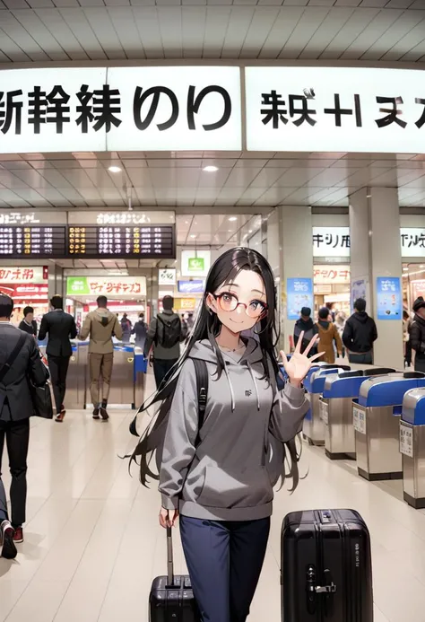 masterpiece, best quality, very aesthetic, absurdres,
1girl, solo, glasses, black hair, long hair, hoodie, pants, rolling suitcase, smile, looking at viewer, solo focus, waving, 
shinosaka, chuoguchi, ticket gate, multiple boys, 6+boys, scenery, shop, indoors
<lora:shinosakaeki_chuoguchi_SDXL_V1:0.8>