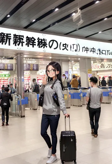 masterpiece, best quality, very aesthetic, absurdres,
1girl, solo, glasses, black hair, long hair, hoodie, pants, rolling suitcase, smile, looking at viewer, solo focus, waving,
shinosaka, chuoguchi, ticket gate, multiple boys, 6+boys, scenery, shop, indoors
<lora:shinosakaeki_chuoguchi_SDXL_V1:1>