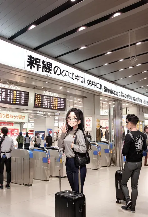 masterpiece, best quality, very aesthetic, absurdres,
1girl, solo, glasses, black hair, long hair, hoodie, pants, rolling suitcase, smile, looking at viewer, solo focus, waving,
shinosaka, chuoguchi, ticket gate, multiple boys, 6+boys, scenery, shop, indoors
<lora:shinosakaeki_chuoguchi_SDXL_V1:1>