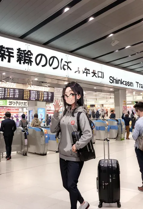 masterpiece, best quality, very aesthetic, absurdres,
1girl, solo, glasses, black hair, long hair, hoodie, pants, rolling suitcase, smile, looking at viewer, solo focus, waving,
shinosaka, chuoguchi, ticket gate, multiple boys, 6+boys, scenery, shop, indoors
<lora:shinosakaeki_chuoguchi_SDXL_V1:1>
