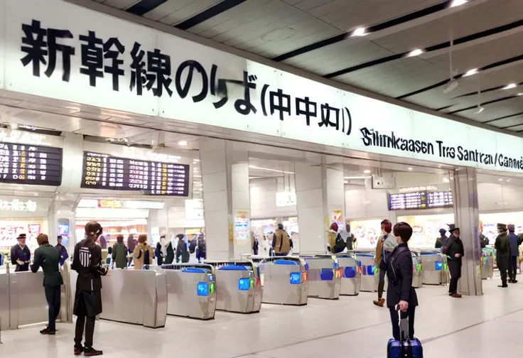 masterpiece, best quality, very aesthetic, absurdres,
shinosaka, chuoguchi, ticket gate, station staff, station staff uniform, multiple boys, 6+boys, scenery, uniform, brown hair, hat, shop, indoors
<lora:shinosakaeki_chuoguchi_SDXL_V1:1>