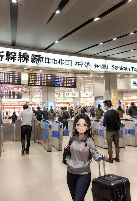 masterpiece, best quality, very aesthetic, absurdres,
1girl, solo, glasses, black hair, long hair, hoodie, pants, rolling suitcase, smile, looking at viewer, solo focus, waving,
shinosaka, chuoguchi, ticket gate, multiple boys, 6+boys, scenery, shop, indoors
<lora:shinosakaeki_chuoguchi_SDXL_V1:1>