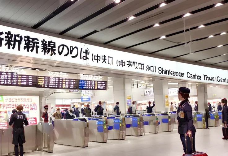 masterpiece, best quality, very aesthetic, absurdres,
shinosaka, chuoguchi, ticket gate, station staff, station staff uniform, multiple boys, 6+boys, scenery, uniform, brown hair, hat, shop, indoors
<lora:shinosakaeki_chuoguchi_SDXL_V1:1>