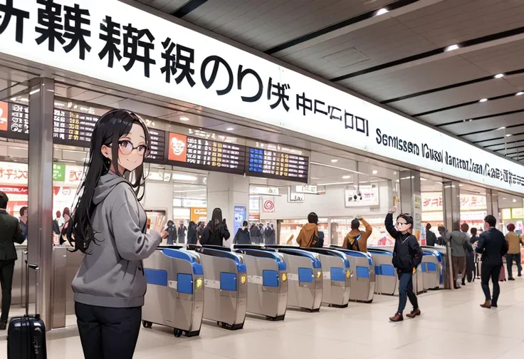 masterpiece, best quality, very aesthetic, absurdres,
1girl, solo, glasses, black hair, long hair, hoodie, pants, rolling suitcase, smile, looking at viewer, solo focus, waving, 
shinosaka, chuoguchi, ticket gate, multiple boys, 6+boys, scenery, shop, indoors
<lora:shinosakaeki_chuoguchi_SDXL_V1:0.8>